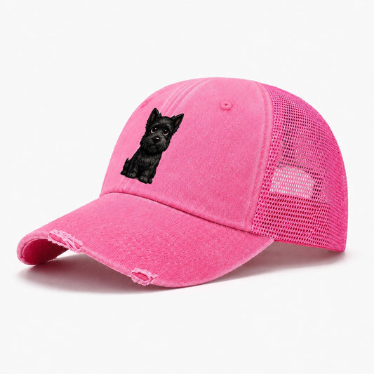 Scottish Terrier Sitting Sweetheart Washed Trucker Hat – Rose