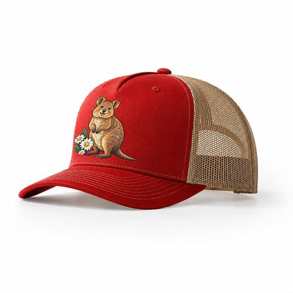 Quokka And Coastal Daisy Australia Cultural Icons Trucker Hat – Red Khaki