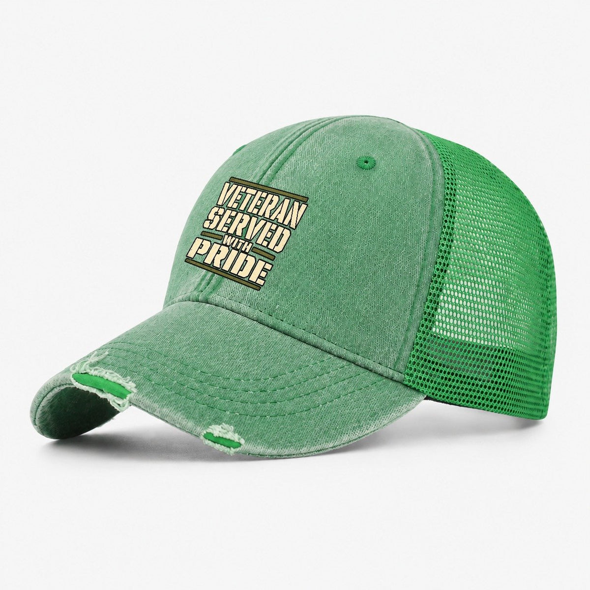 Veteran Served With Pride Barracks Wit Washed Trucker Hat – Ink Green