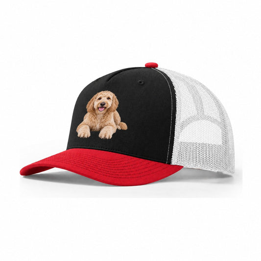 Goldendoodle Lying Down Top Breeds Trucker Hat – Black Red White