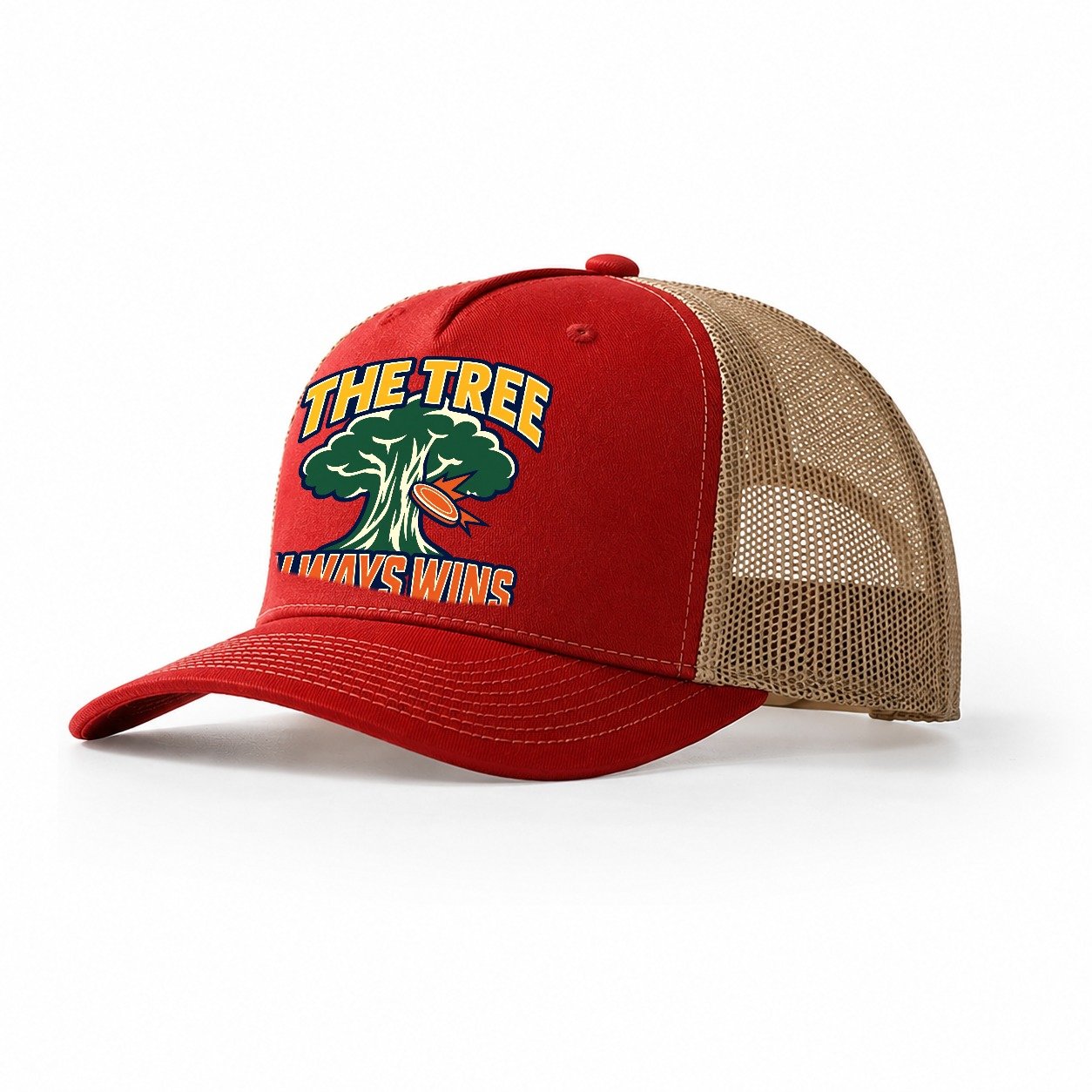 The Tree Always Wins Disc Golf Trucker Hat – Red Khaki