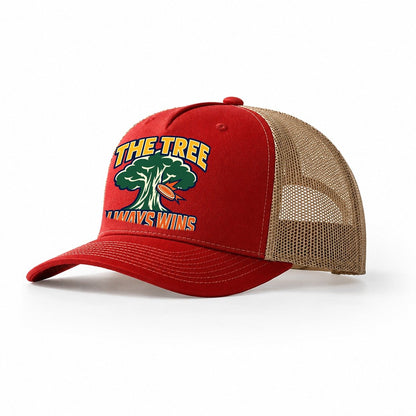 The Tree Always Wins Disc Golf Trucker Hat – Red Khaki