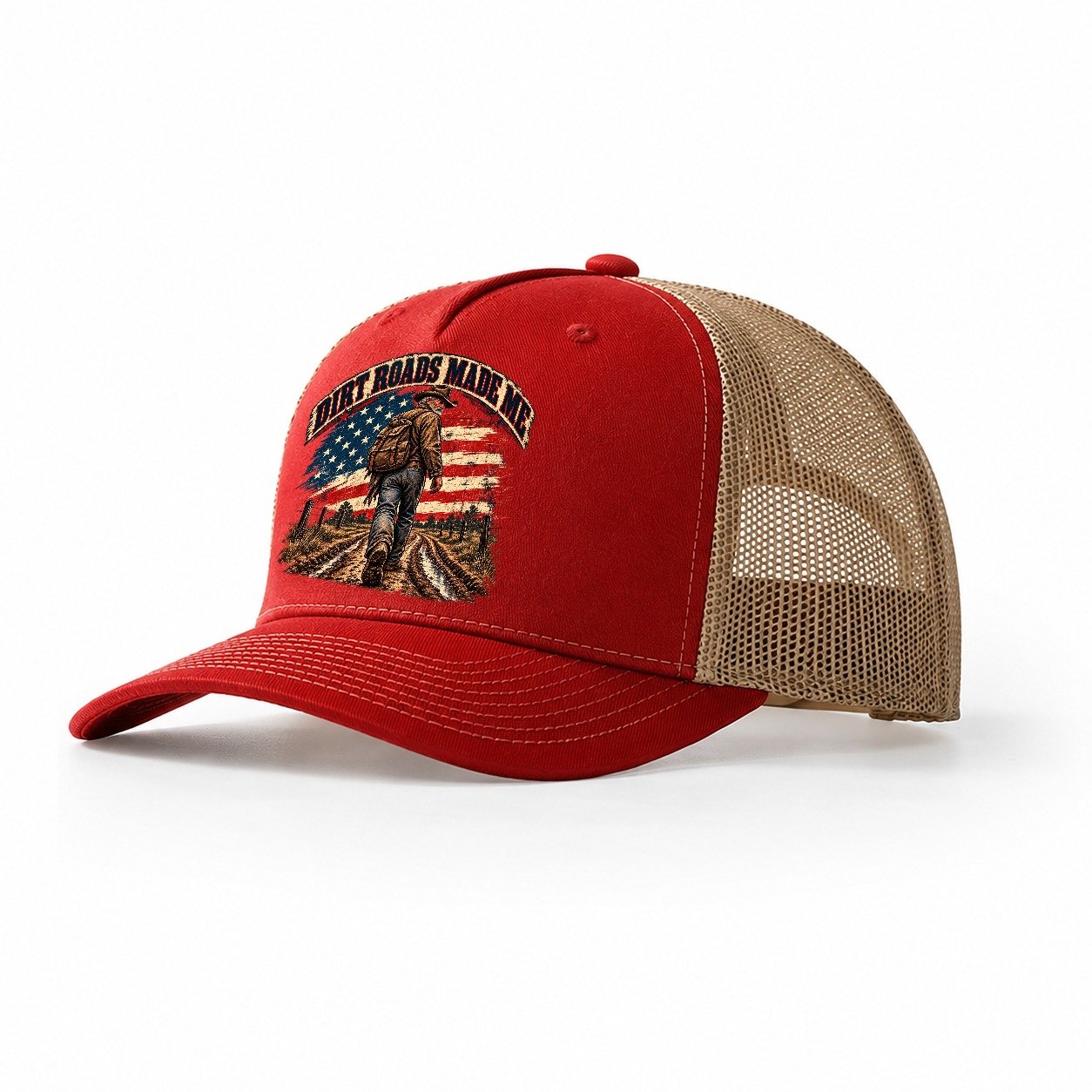 Dirt Roads Made Me Old Man Strong Trucker Hat – Red Khaki