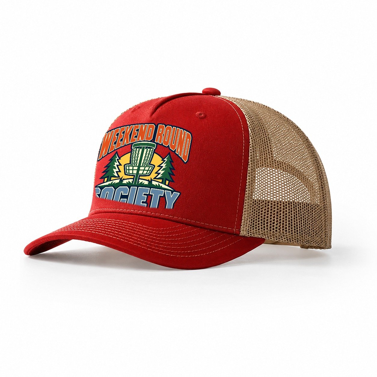 Weekend Round Society Disc Golf Trucker Hat – Red Khaki