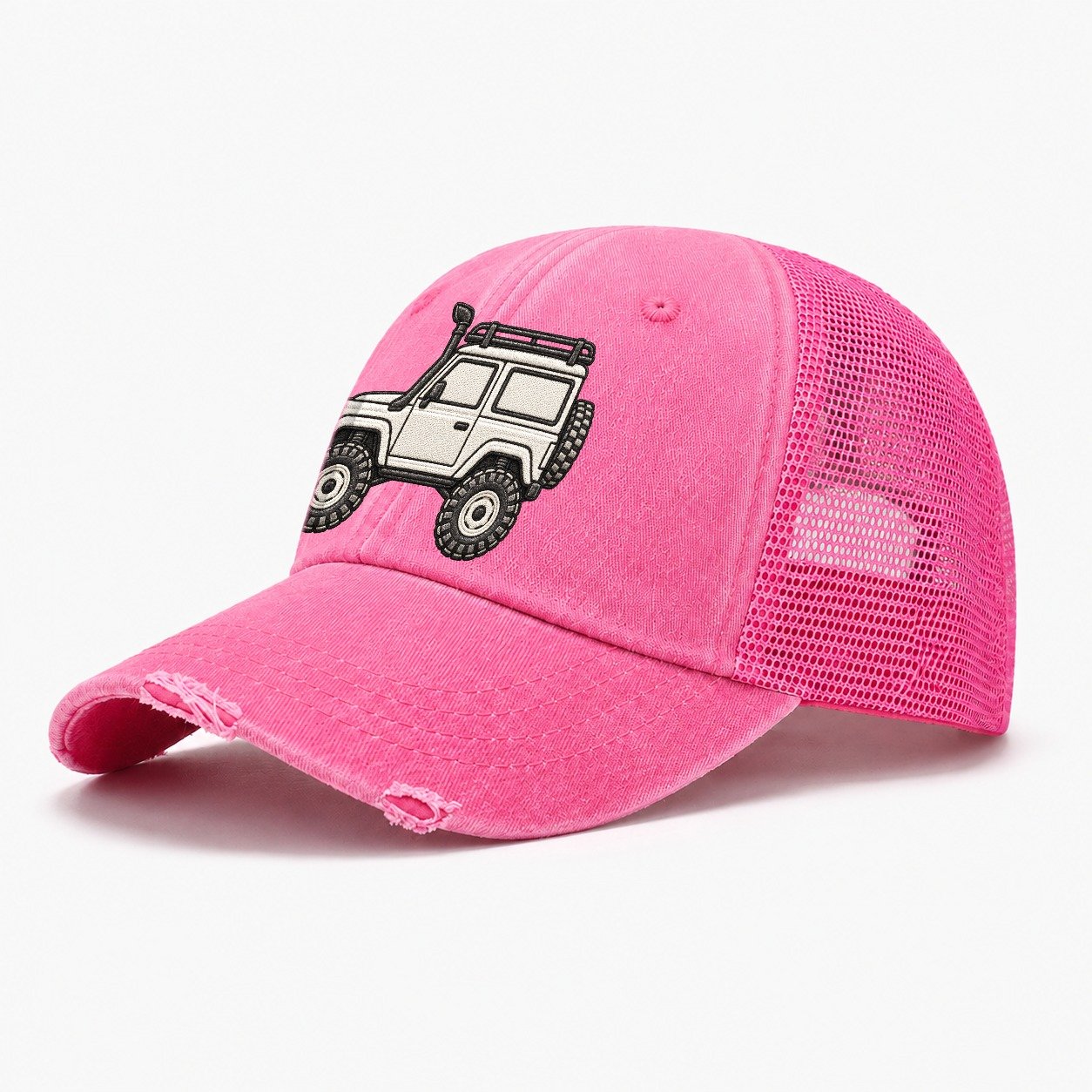 Boxy Trail Wagon Side Profile Off Roading And Overlanding Washed Trucker Hat – Rose
