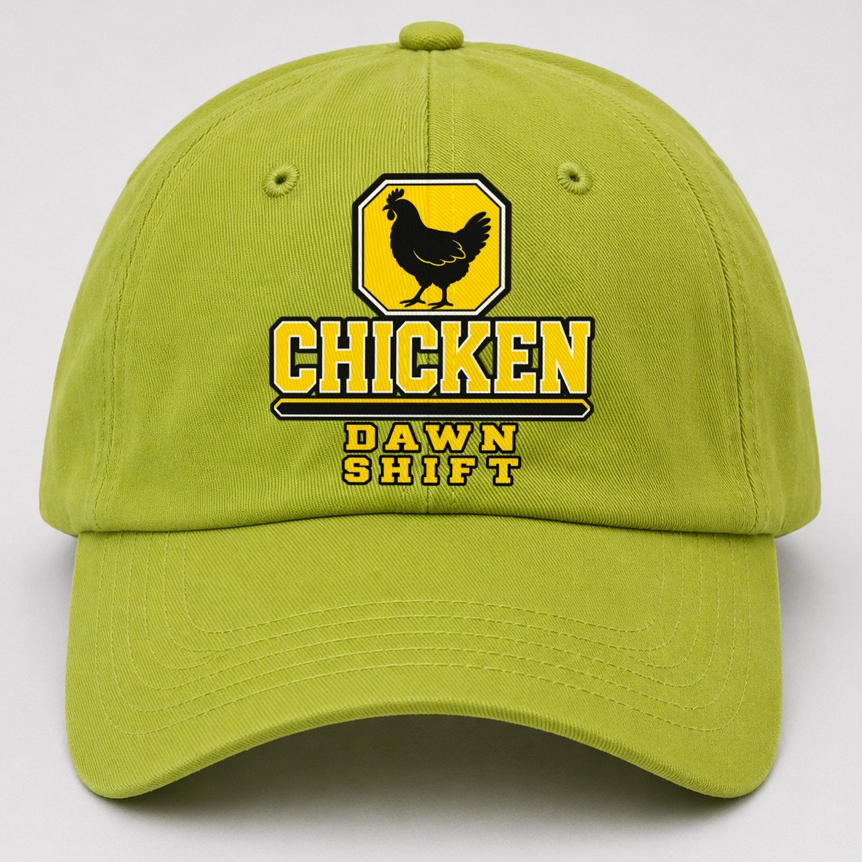 Chicken Dawn Shift Heavy Duty Baseball Cap – Fluorescent Green