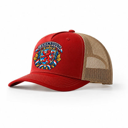 Luxembourg Retro Badge Country Logos Trucker Hat – Red Khaki