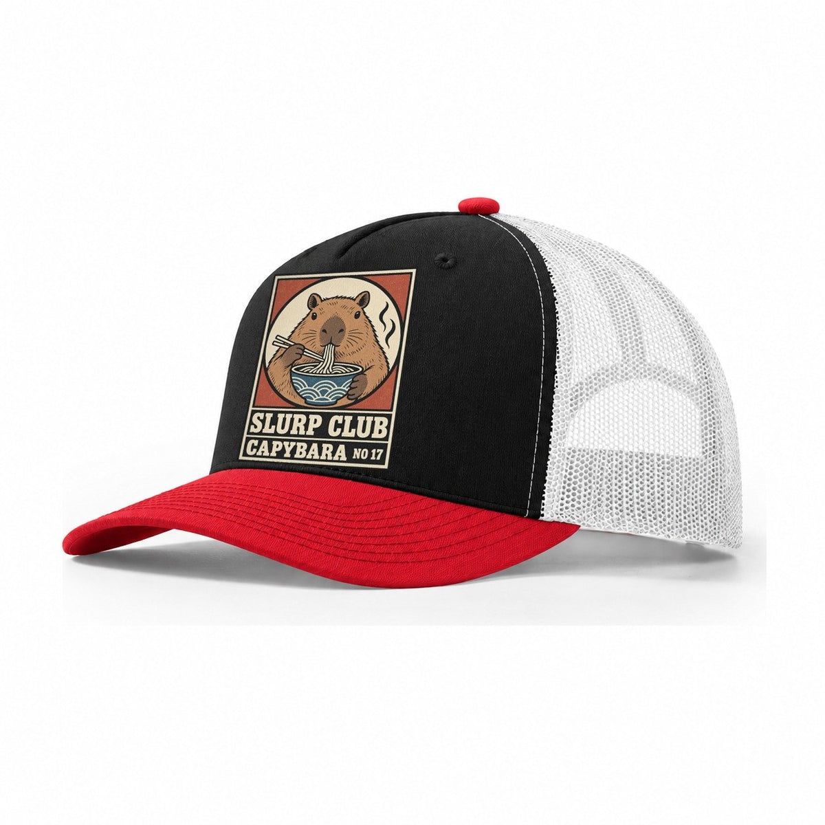 Capybara Calm Slurp Club Trucker Hat – Black Red White