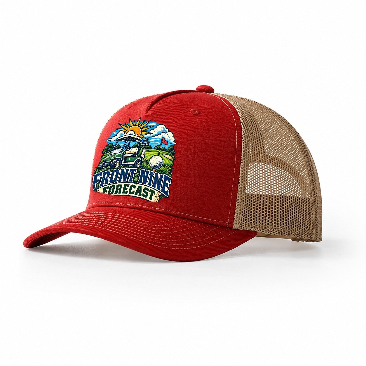 Front Nine Forecast Golf Life Trucker Hat – Red Khaki