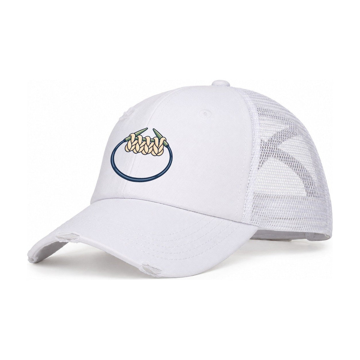 Circular Needle Loop Yarn Crafts Women's Ponytail Trucker Hat – White White