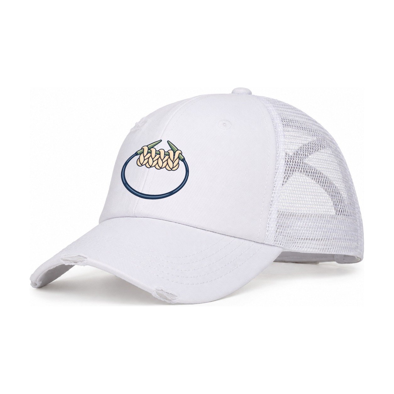 Circular Needle Loop Yarn Crafts Women's Ponytail Trucker Hat – White White