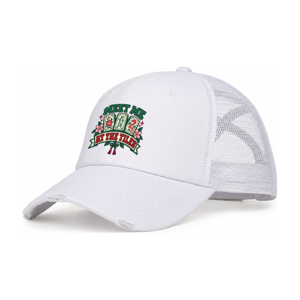 Meet Me At The Tiles Mahjong Game Night Women's Ponytail Trucker Hat – White White