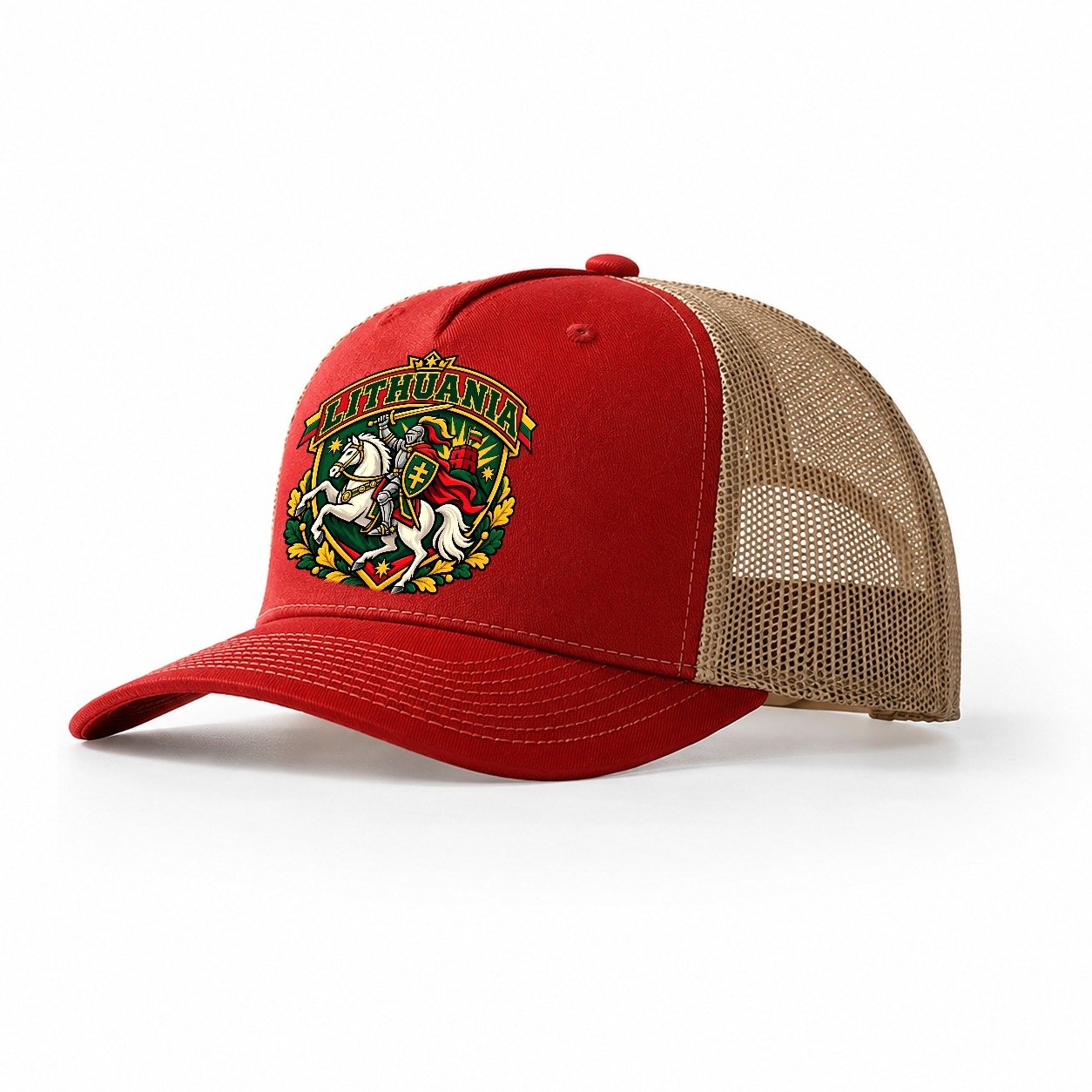 Lithuania Retro Badge Country Logos Trucker Hat – Red Khaki