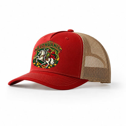 Lithuania Retro Badge Country Logos Trucker Hat – Red Khaki
