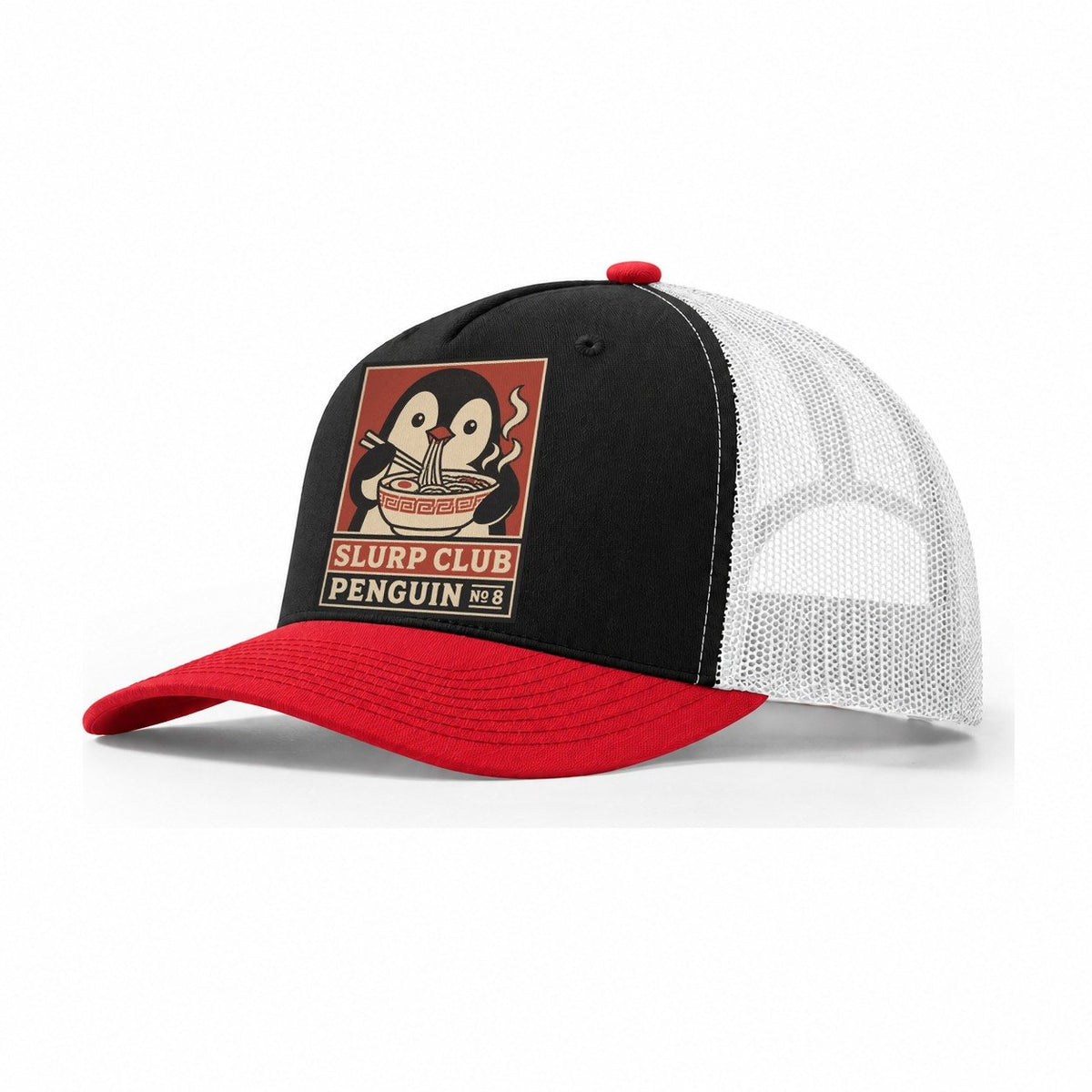 Penguin Ramen Slurp Club Trucker Hat – Black Red White