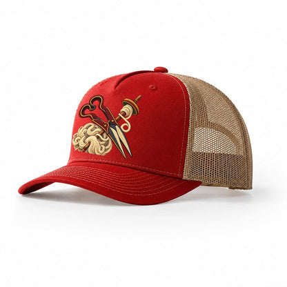 Welsh Wool Shears Spindle And Fleece Uk Culture Heritage Trucker Hat – Red Khaki