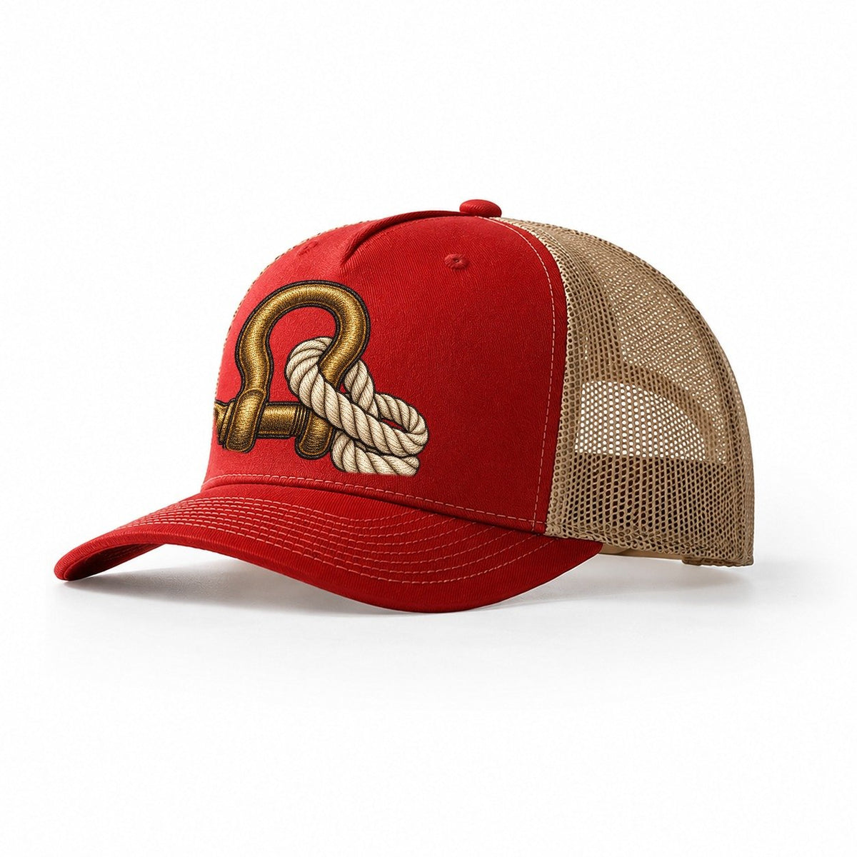 Bow Shackle And Coiled Rope Off Roading And Overlanding Trucker Hat – Red Khaki