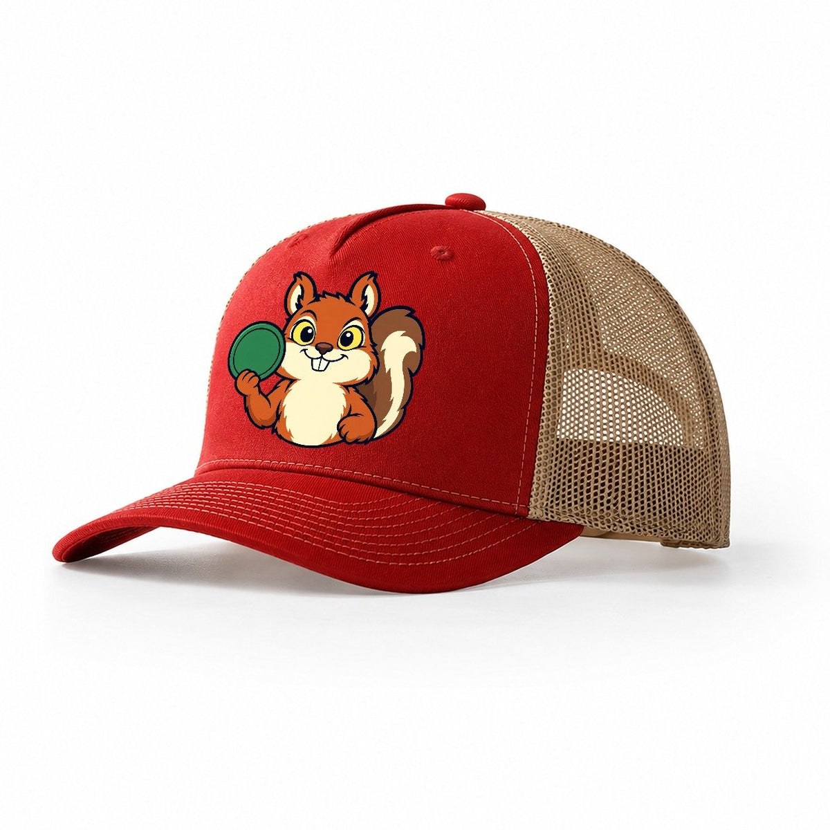 Course Squirrel Disc Golf Trucker Hat – Red Khaki