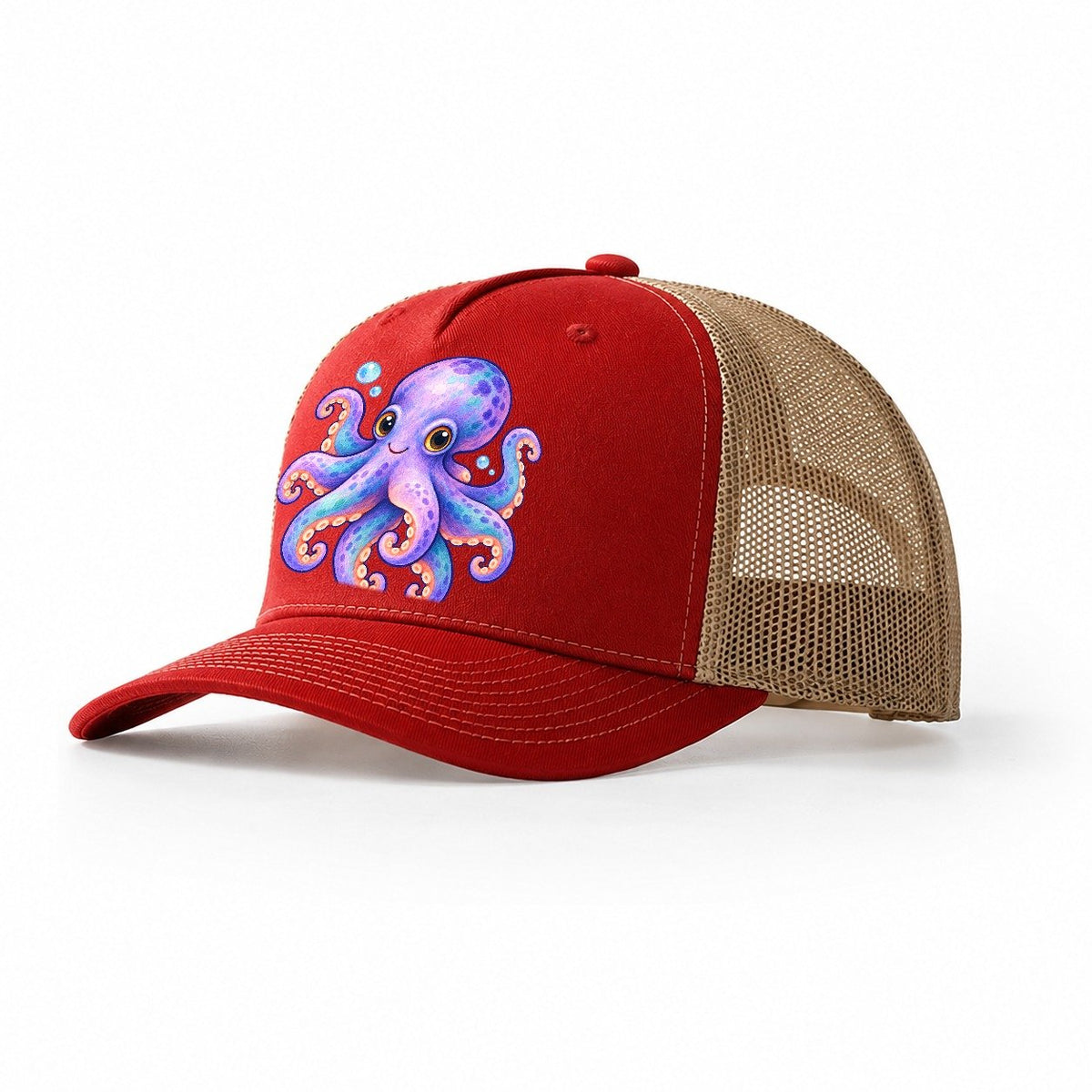 Octopus Playful Pinwheel Sea Sprite Trucker Hat – Red Khaki