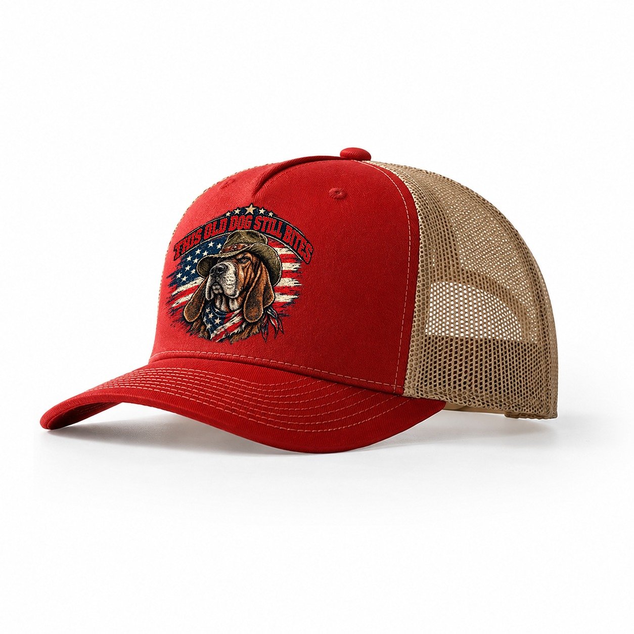 This Old Dog Still Bites Old Man Strong Trucker Hat – Red Khaki