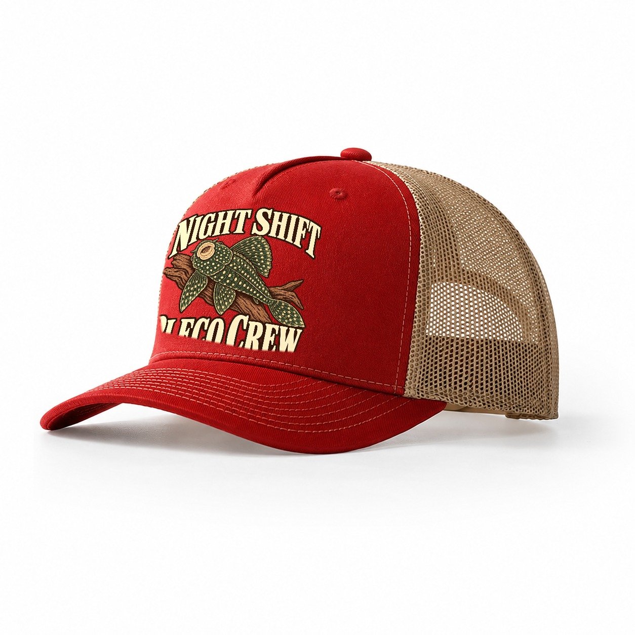 Night Shift Pleco Crew Aquarium Keeping Trucker Hat – Red Khaki