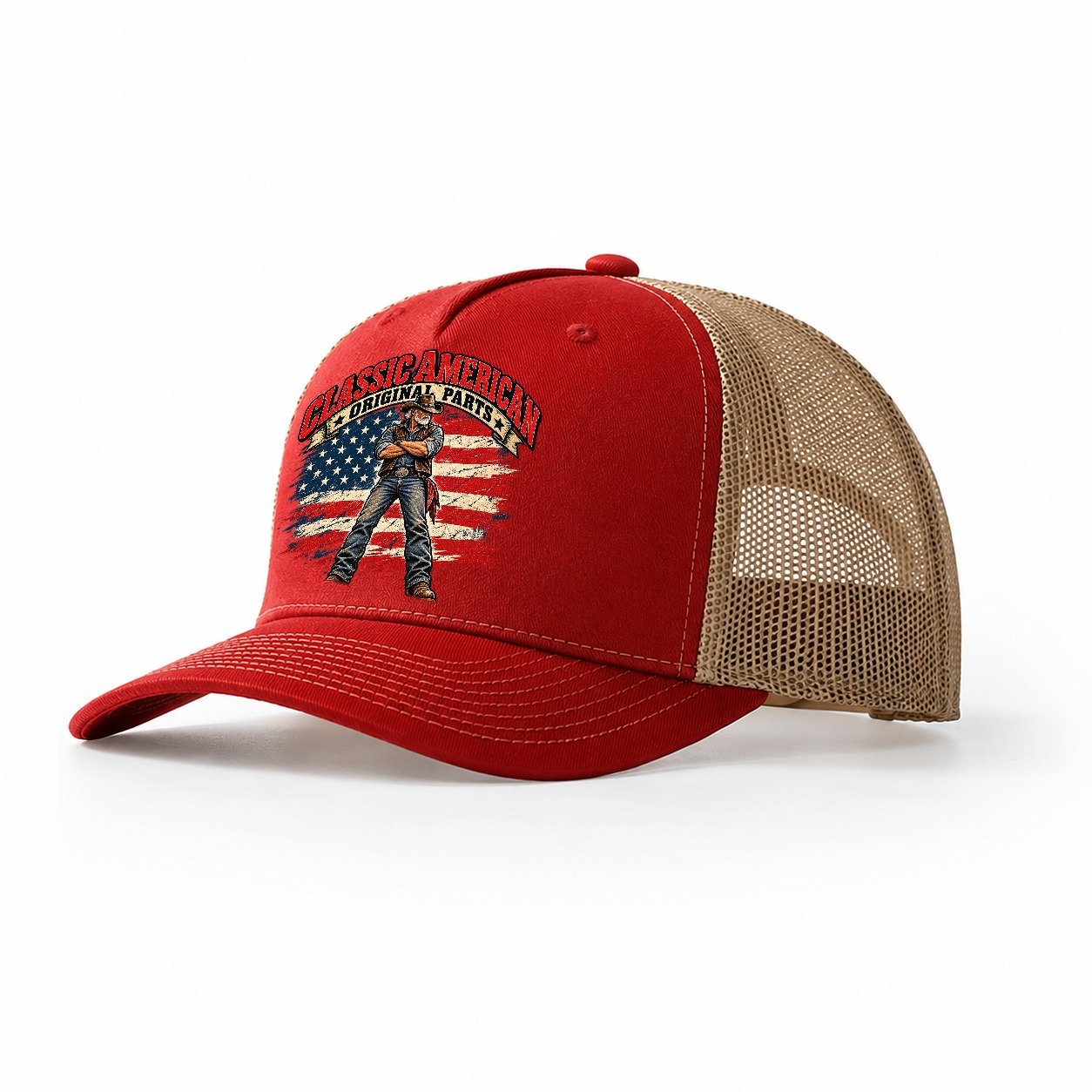 Classic American Original Parts Old Man Strong Trucker Hat – Red Khaki