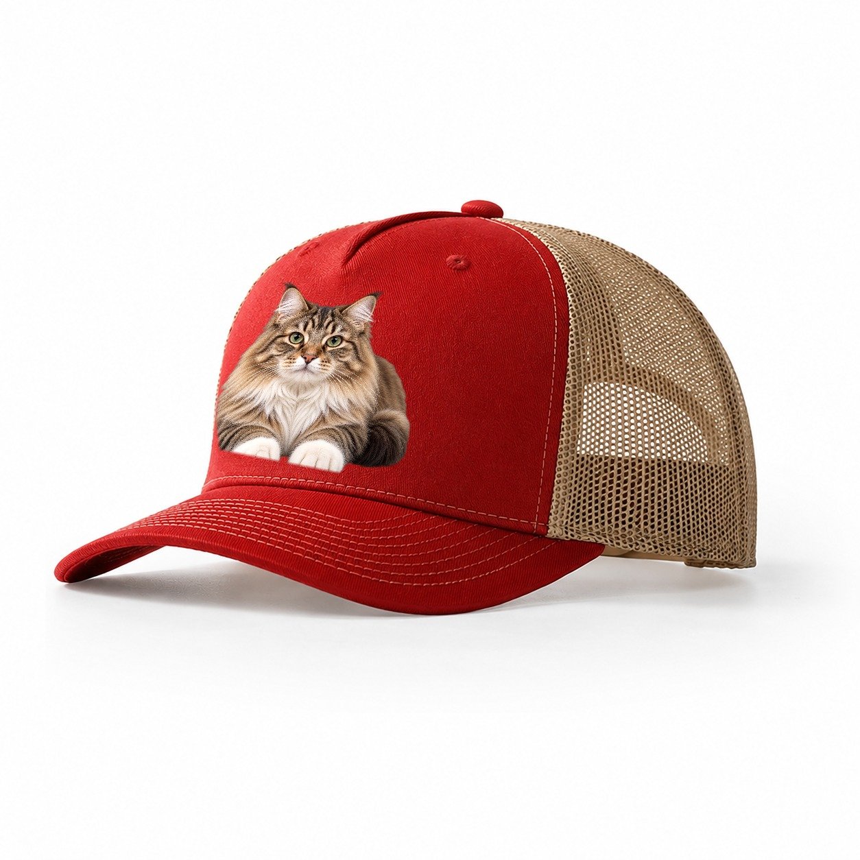Siberian Reclining Paws Forward Realistic Cat Portrait Trucker Hat – Red Khaki