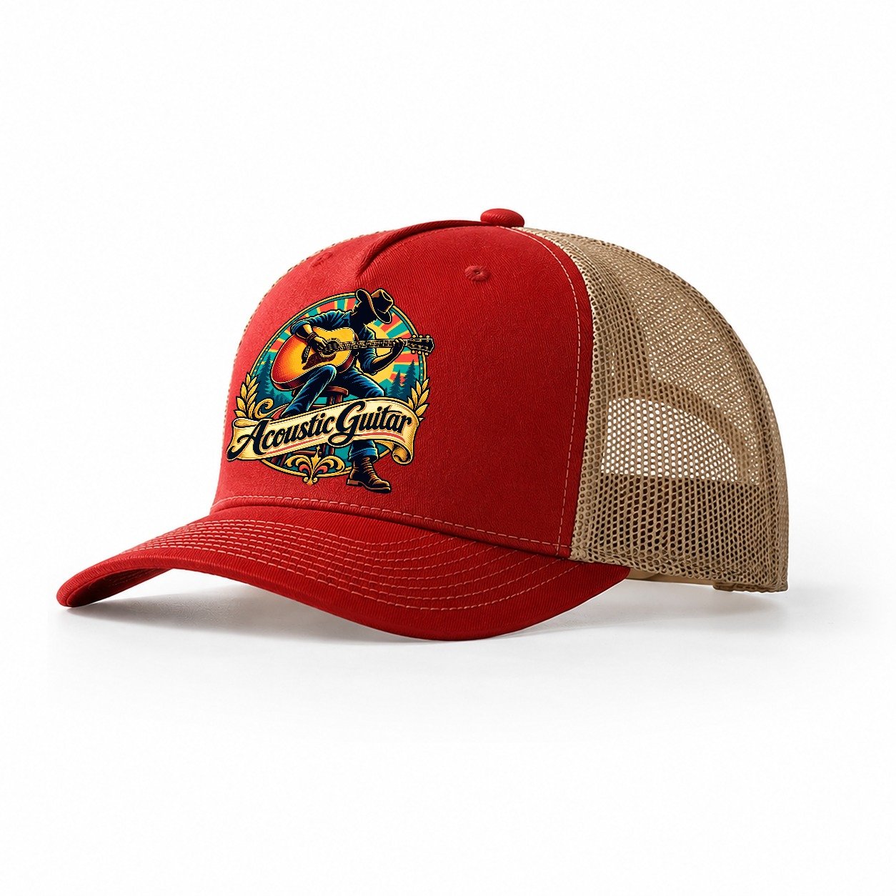 Acoustic Guitar Crest Music Instruments Trucker Hat – Red Khaki