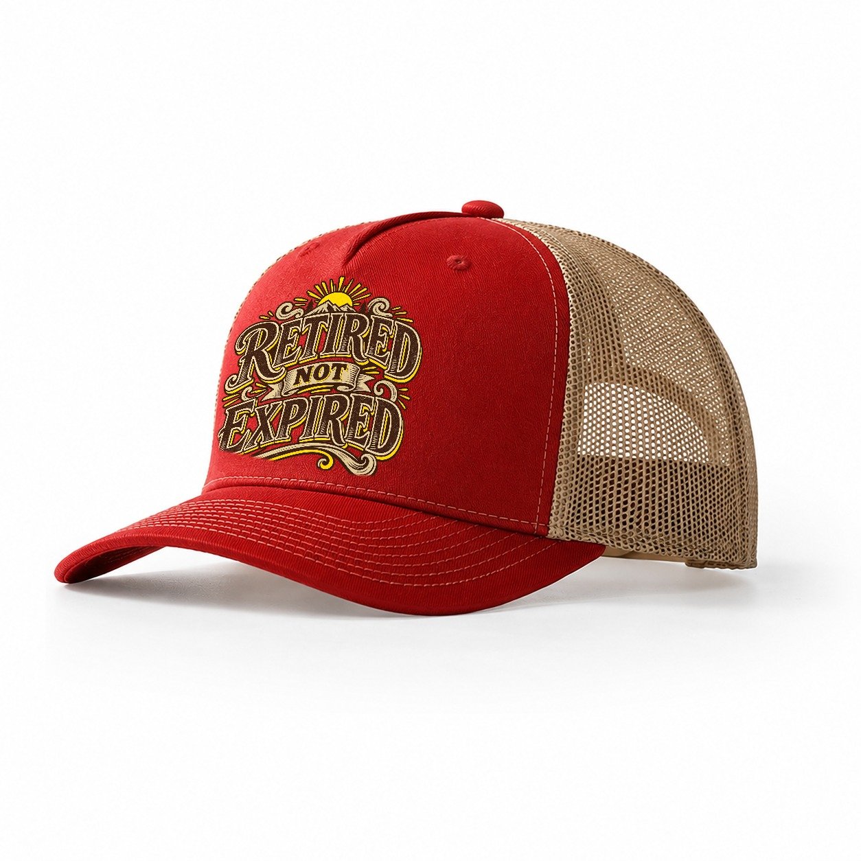 Retired Not Expired Retired Living Trucker Hat – Red Khaki