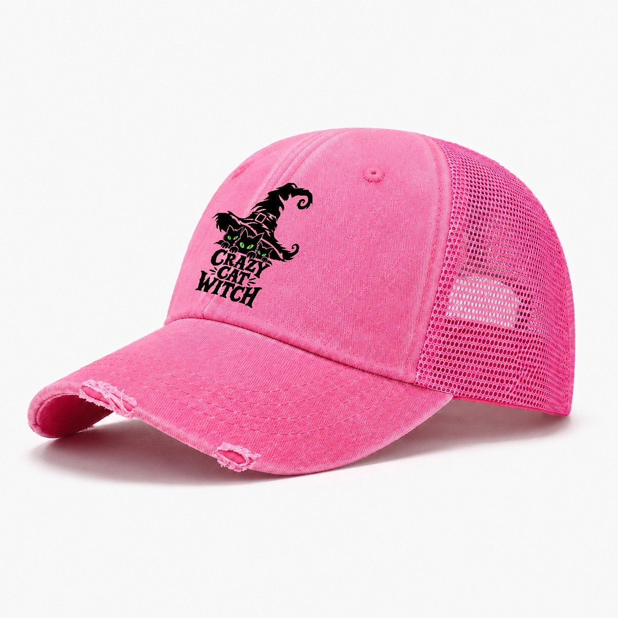 Crazy Cat Witch Slogan Witch Magic Washed Trucker Hat – Rose
