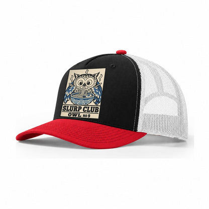 Owl Midnight Slurp Club Trucker Hat – Black Red White