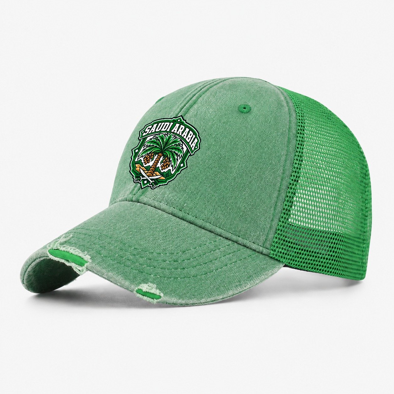 Saudi Arabia Retro Badge Country Logos Washed Trucker Hat – Ink Green