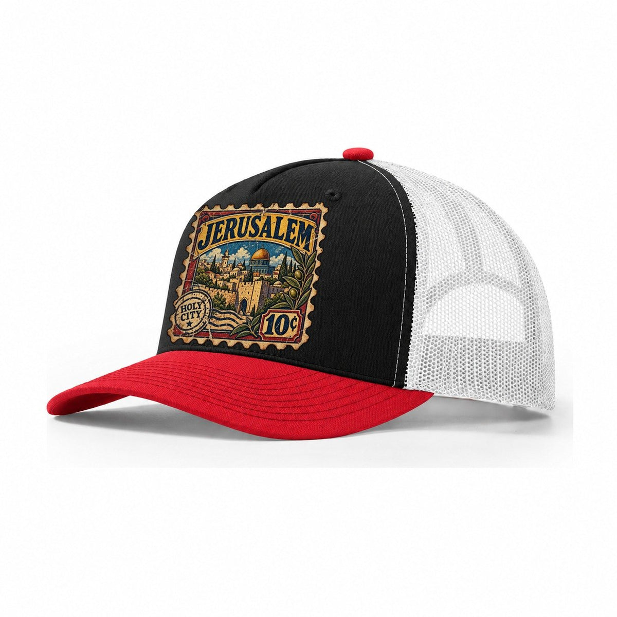Jerusalem Postage Stamp Jerusalem Trucker Hat – Black Red White