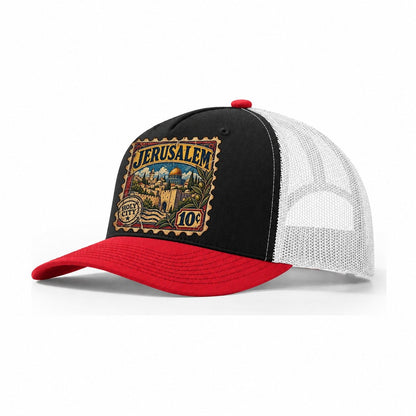 Jerusalem Postage Stamp Jerusalem Trucker Hat – Black Red White