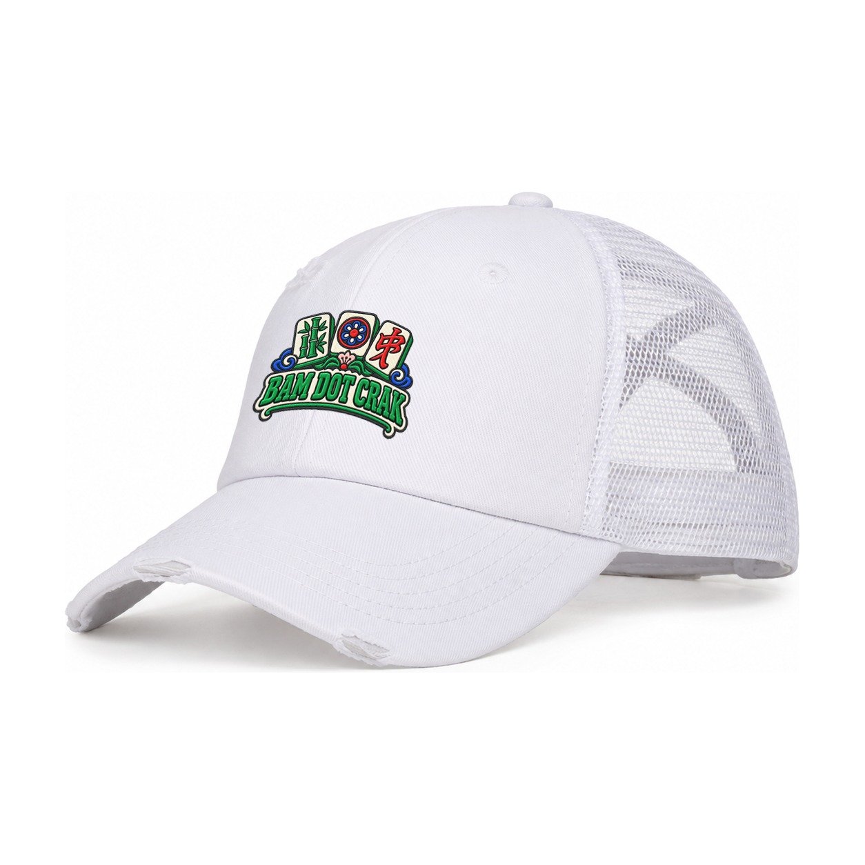 Bam Dot Crak Mahjong Game Night Women's Ponytail Trucker Hat – White White