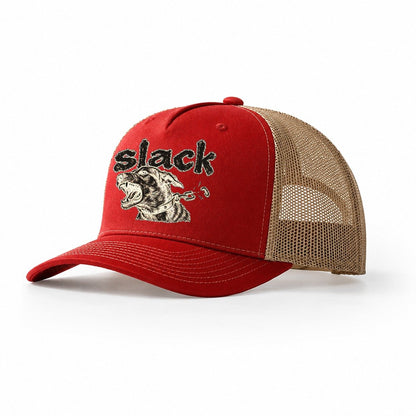 A Dog Head Straining Forward Against A Chain That Has Just Snapped Bark For Me Trucker Hat – Red Khaki