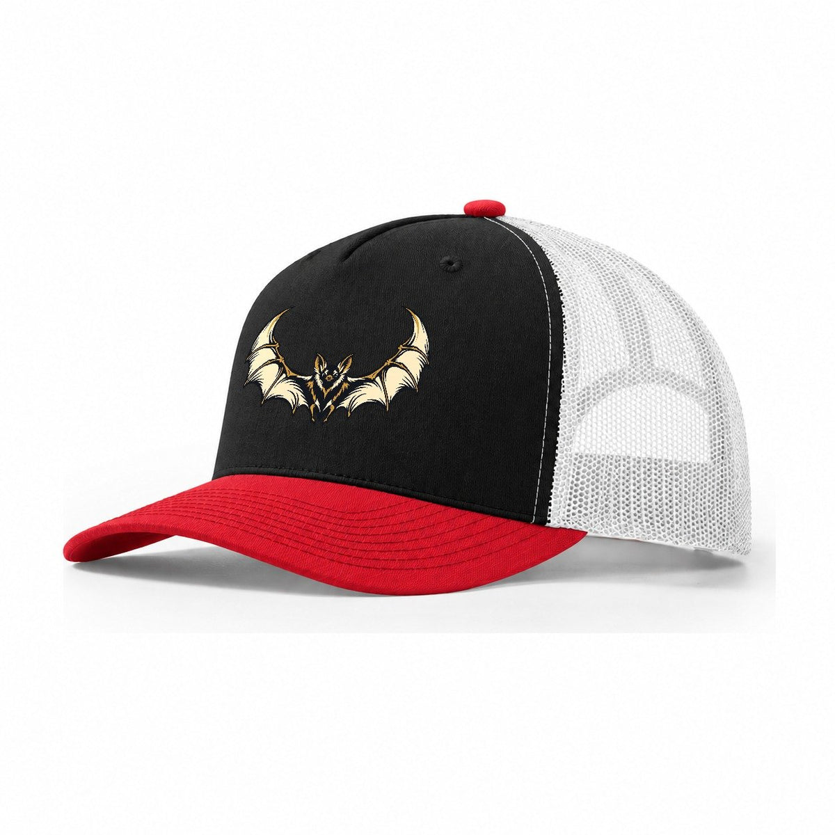 Bat Crescent Wings Sundown Familiars Trucker Hat – Black Red White