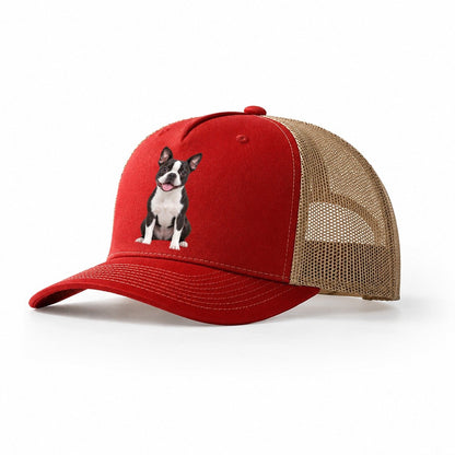 Boston Terrier Sitting Top Breeds Trucker Hat – Red Khaki