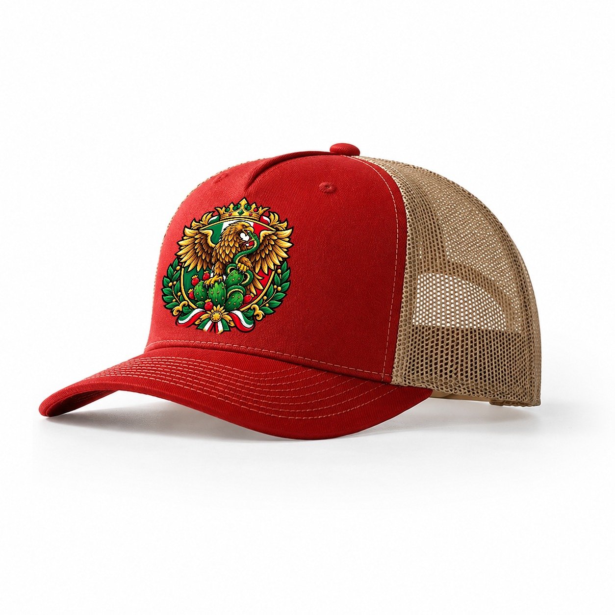 Mexico Heraldic Crest Country Logos Trucker Hat – Red Khaki