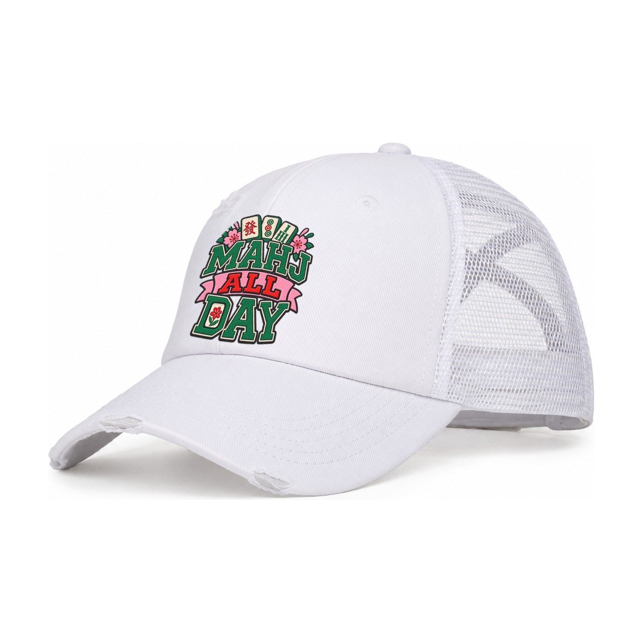 Mahj All Day Mahjong Game Night Women's Ponytail Trucker Hat – White White