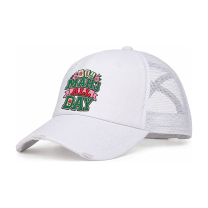 Mahj All Day Mahjong Game Night Women's Ponytail Trucker Hat – White White