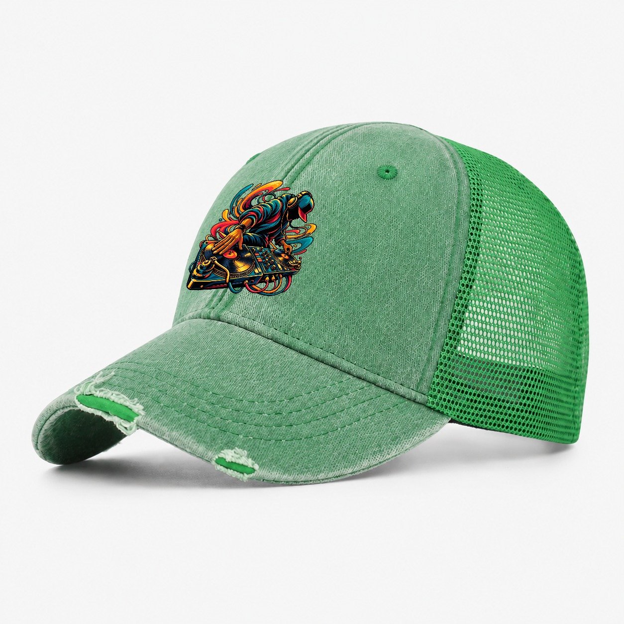 Turntables Icon Music Instruments Washed Trucker Hat – Ink Green
