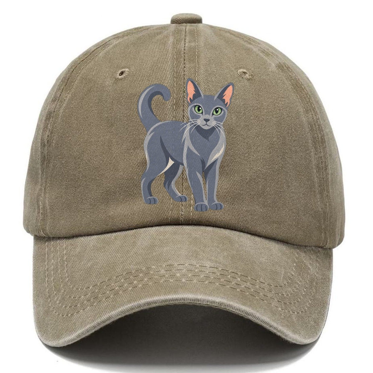 Realistic Russian Blue Cat Portrait Standing Three Quarter Classic Cap – Warm Sand