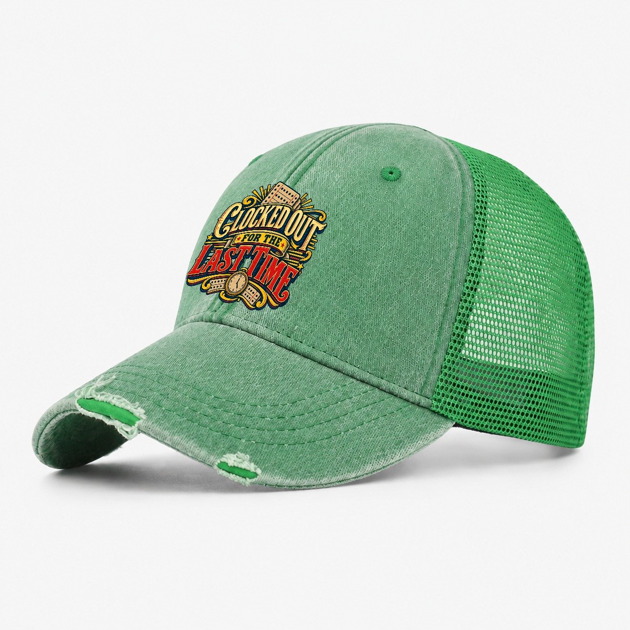 Clocked Out For The Last Time Retired Living Washed Trucker Hat – Ink Green