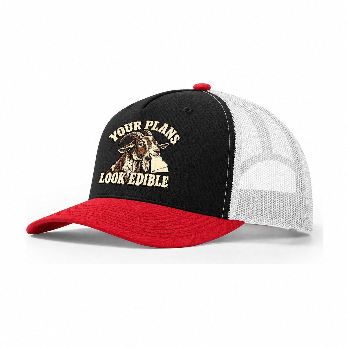 Goat Edible Plans Character Club Trucker Hat – Black Red White