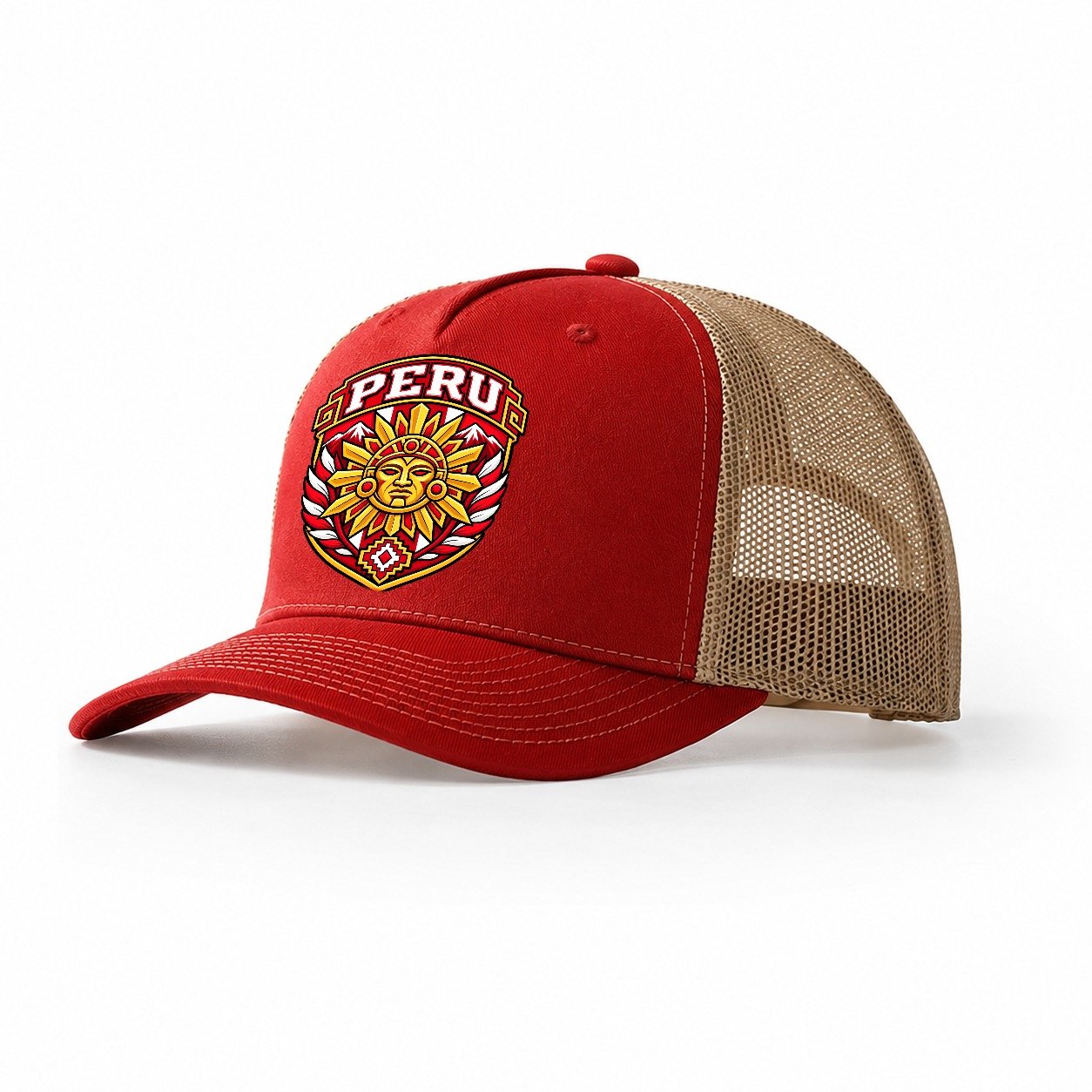 Peru Retro Badge Country Logos Trucker Hat – Red Khaki