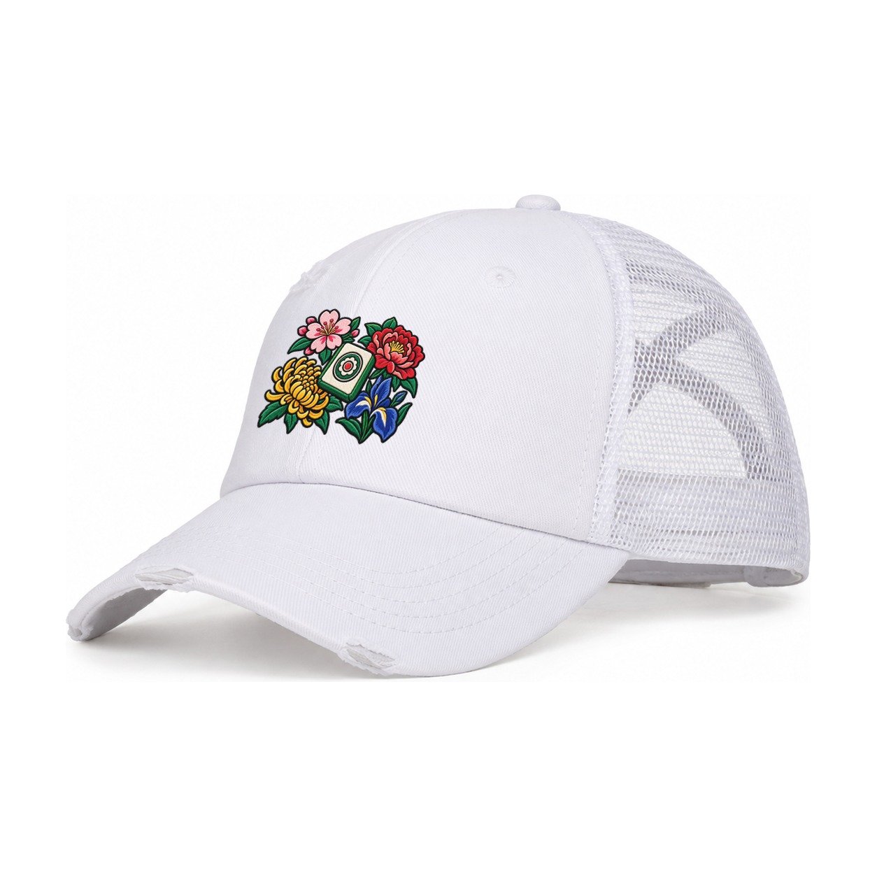 Flower Season Mahjong Game Night Women's Ponytail Trucker Hat – White White