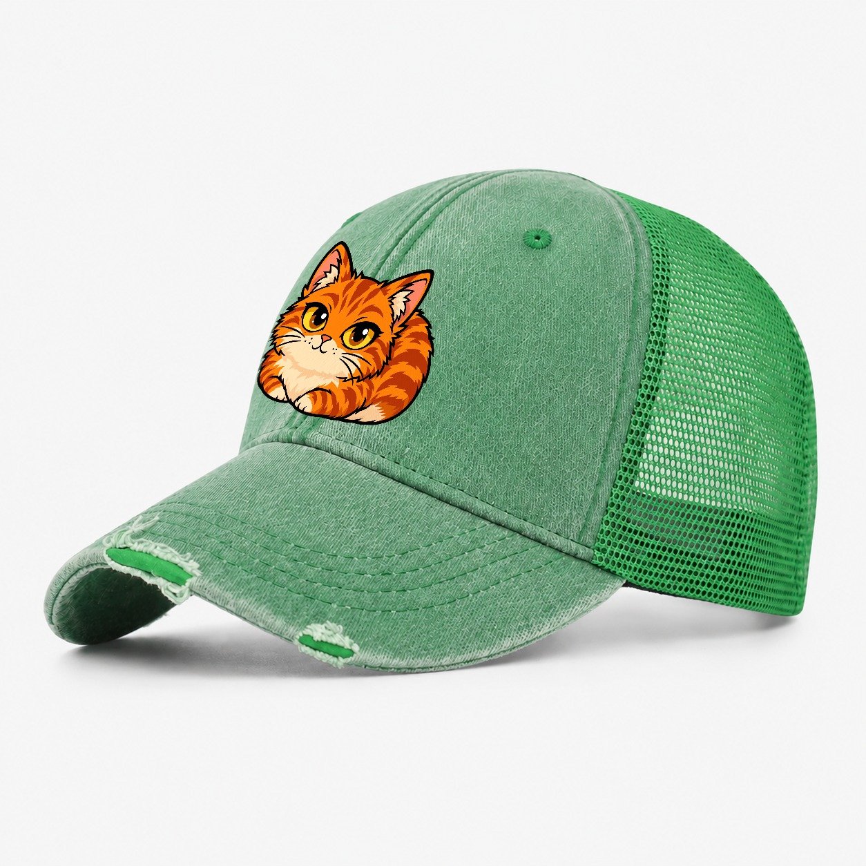 Orange Tabby Loafing Peeking Cats Washed Trucker Hat – Ink Green