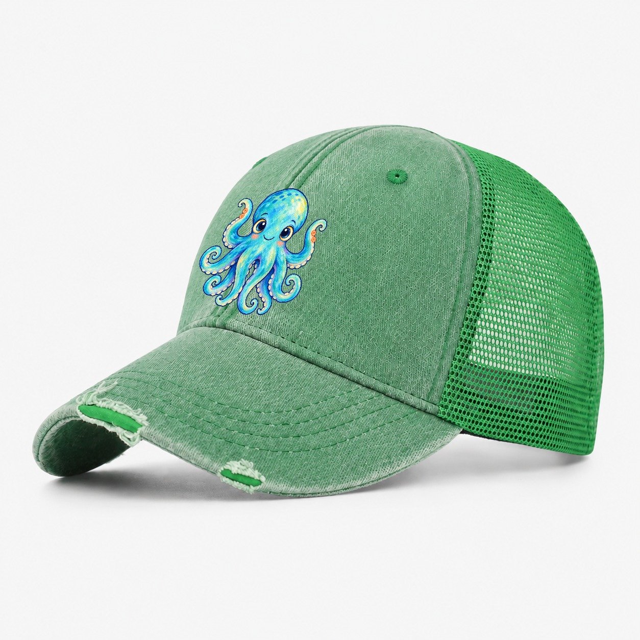 Octopus Curious Wave Sea Sprite Washed Trucker Hat – Ink Green
