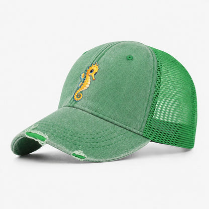 Seahorse Vertical Hello Sea Sprite Washed Trucker Hat – Ink Green